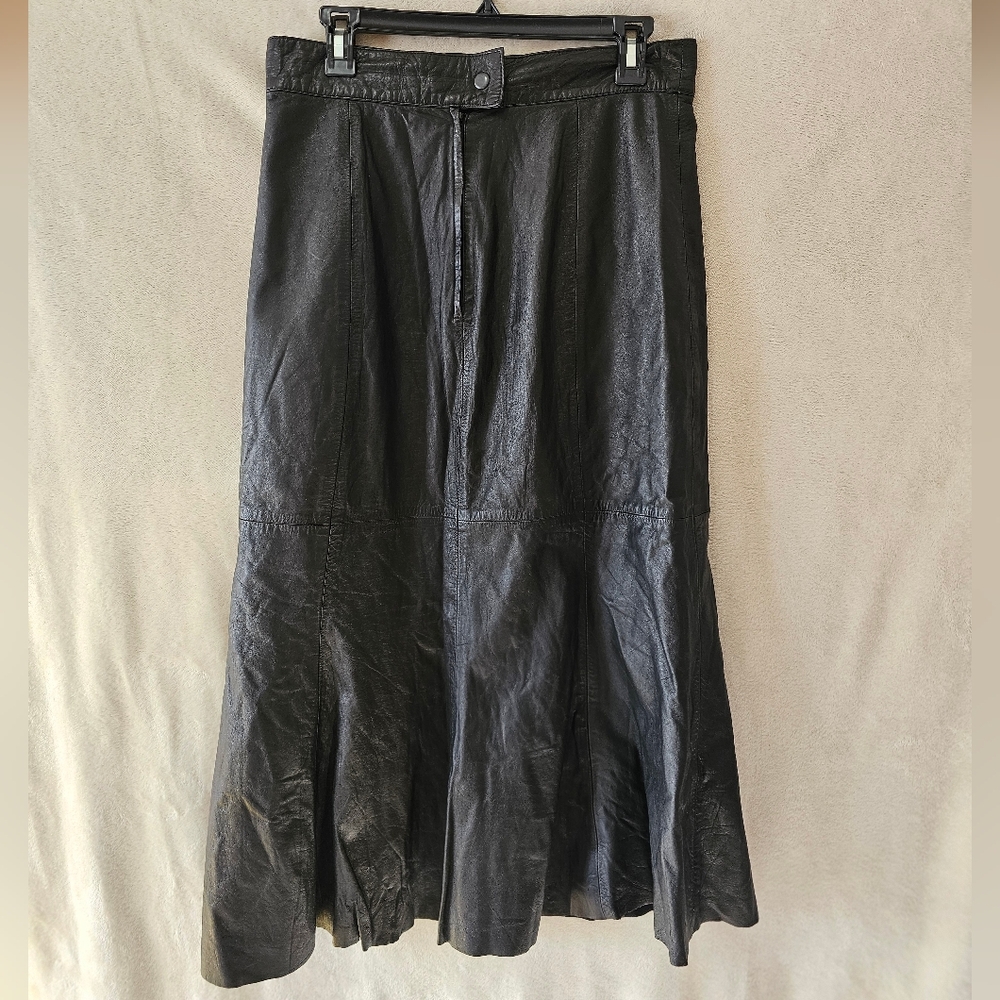 Vintage Deerskin Trading Post Black Leather Fit & Flare Midi Skirt Size 30 - Picture 5 of 8